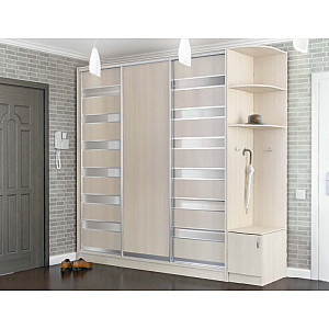 Шафа-купе 3Д, Стандарт, Дуб молочний, Наповнення  - 2, Фасад - ДСП+скло сатин 2 шт, ДСП 1 шт, Профіль - срібло, кутове закінчення К-04, Київський Стандарт