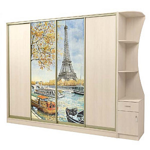 Шафа-купе 4Д, Стандарт, Дуб молочний, Наповнення - 2, Фасад - ДСП 2 шт, фотодрук 2 шт, Профіль - шампань глянець, Кутове закінчення - К-05, Київський Стандарт