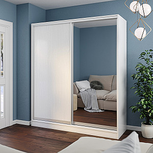 Шафа-купе 2Д, Стандарт, Білий структурний, Наповнення 2, Фасад - ДСП 1шт, Дзеркало "срібло" 1шт, Профіль - срібло, Київський Стандарт